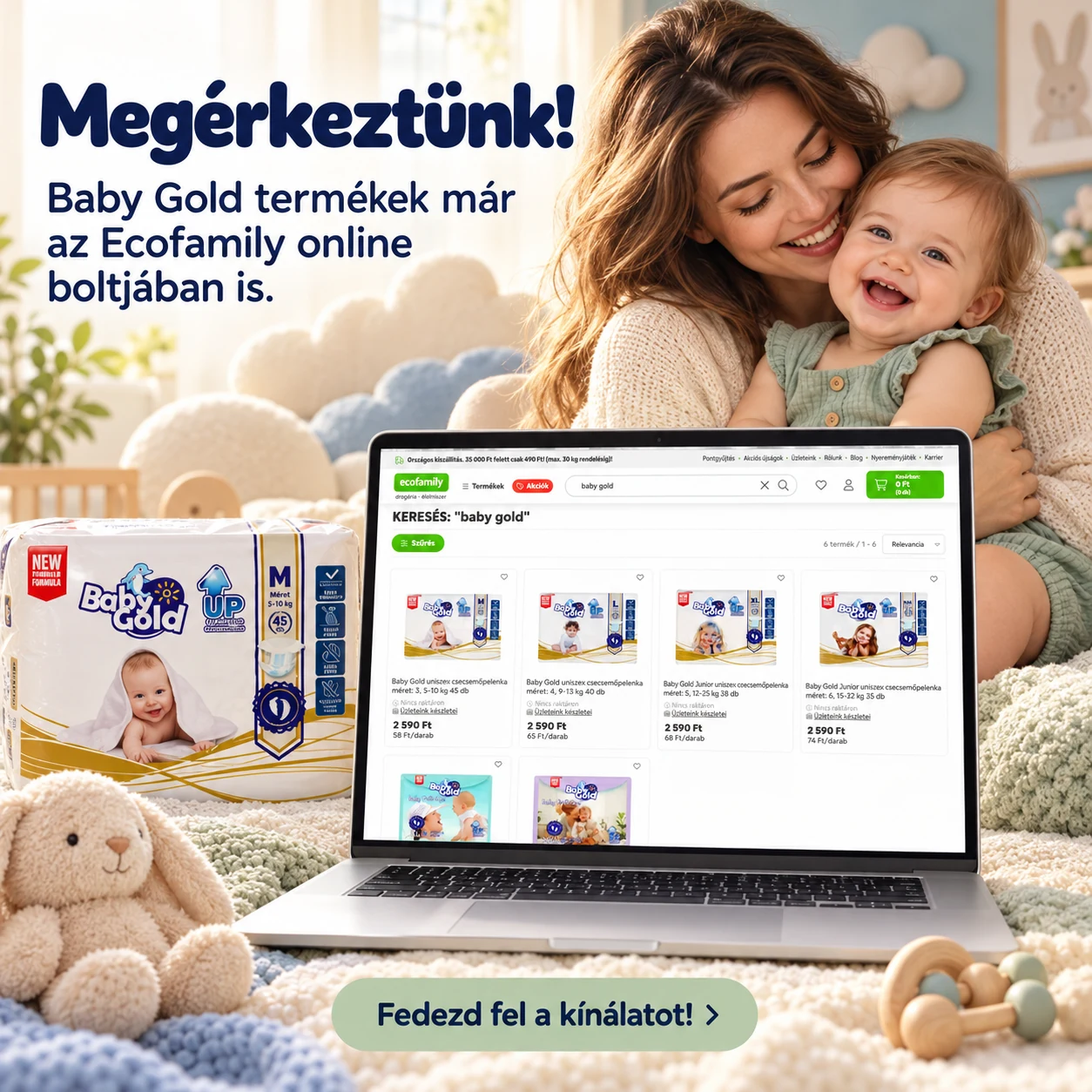Megérkeztünk! Baby Gold az EcoFamily online boltjában: anya és kisbabája, pelenkacsomag és a webshop egy notebookon.